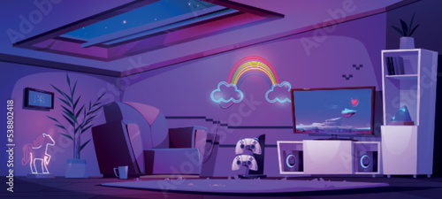 Teen girl room on attic, night interior with gamer stuff and furniture. Tv set with video game on screen and gamepads, armchair, coffee cup, rainbow and unicorn lamp, Cartoon vector illustration