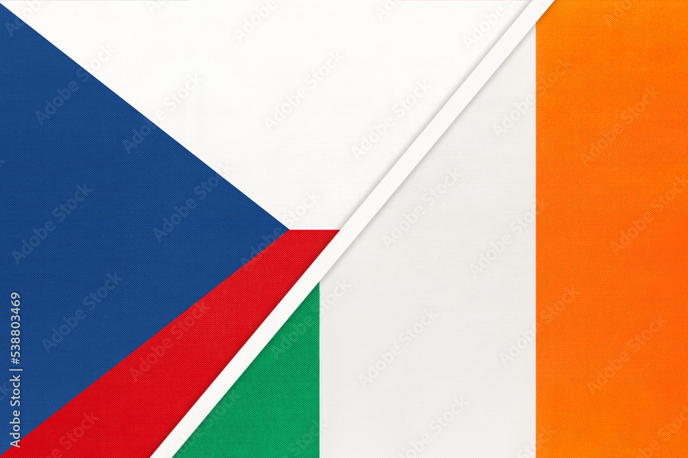 Czech Republic and Ireland, symbol of country. Czechia vs Irish national flags. Czech Republic and Ireland, symbol of country. Czechia vs Irish national flags.