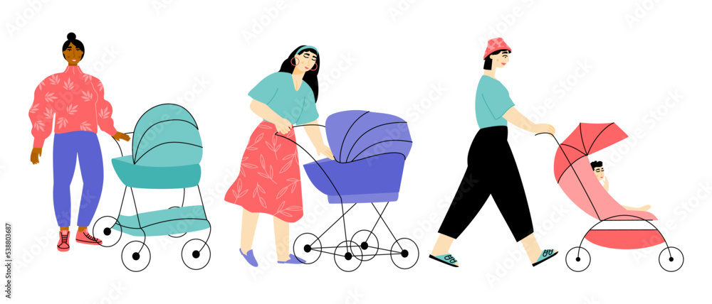 Group of young mothers walking with their baby strollers.  Moms with prams. Vector flat illustration