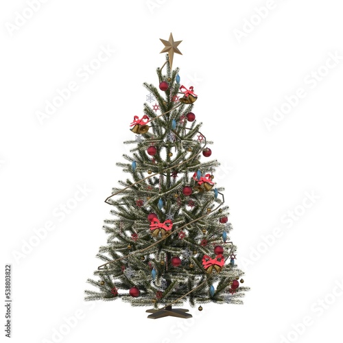 Christmas tree with decorations, isolated on white background, 3D illustration, cg render