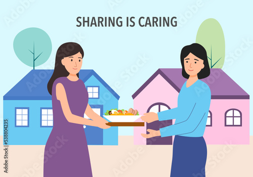 Sharing is caring concept vector illustration. Woman sharing food to neighbor in flat design.