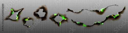 Green fire burning gunshot holes, edges of paper, cloth png set. Charred uneven frames damaged by magic emerald fire, witchcraft spell. Realistic vector illustration isolated on transparent background