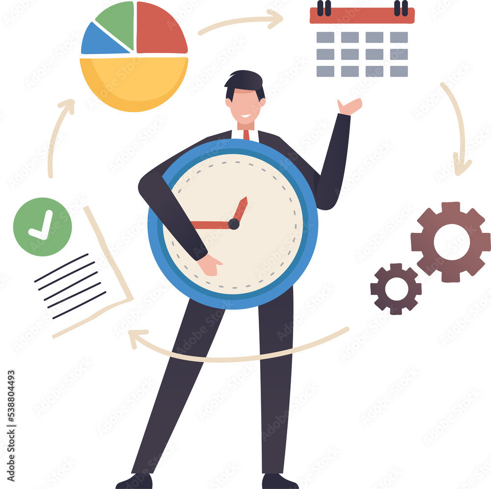 Time management effective day to day concept. The clock is a powerful symbol for business meetings, schedule. Businessman standing holding a big clock. illustration png