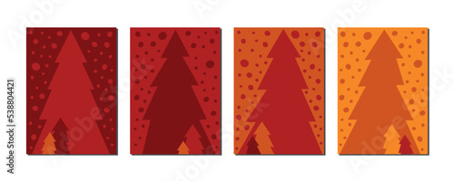 collection of simple flat and abstract fir trees design in red orange and snowfall, for social media stories, advertising and christmas cards with copy space for text, DIN A6