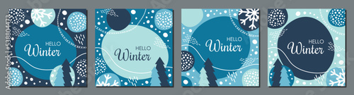 set of square winter christmas cards printable and for social media stories, collection of abstract blue templates with snow and fir trees