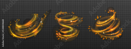 Autumn wind effect with leaves, tornado light spiral. Magic twist with stars and sparkles. Gold swirl of wand, magician spell, wizard, fairy golden light, shiny trace, Realistic 3d Vector illustration
