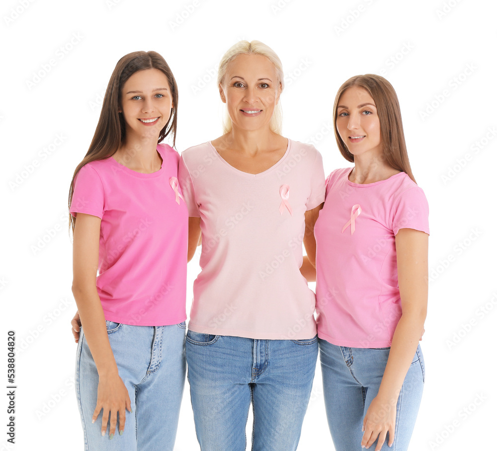 Obraz premium Beautiful women with pink awareness ribbons on white background. Breast cancer concept