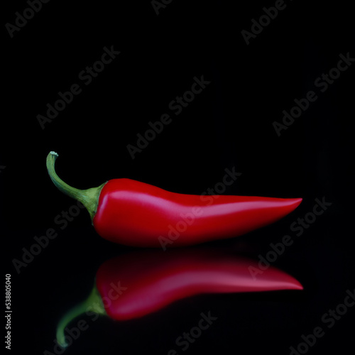 Hot red chili pepper on a black background. Image reflection. Spice. Photo.
