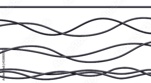 Realistic cables set, black flexible electrical wires with plastic braid isolated on white background. Power or network line, connection and telecommunication equipment, 3d vector illustration