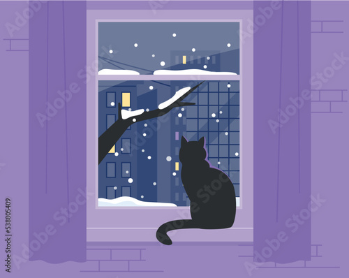 A black cat is sitting by the window and looking at the snowy landscape outside. flat vector illustration.