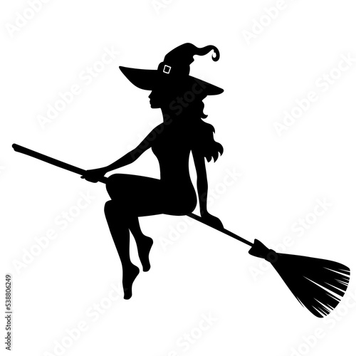 Halloween beautiful sexy witch on broom fly silhouettes