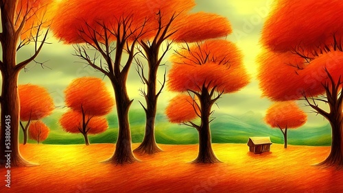 Autumn landscape drawn in pencil. Illustration, inspiration. © Korney
