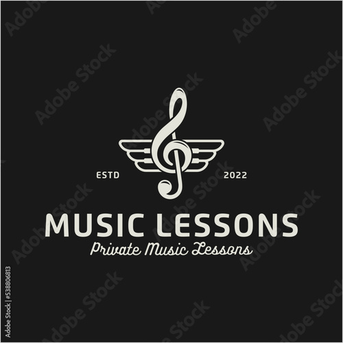 winged music logo for Sound recording studio, night party. School of Music, disco, vocal course, composer, singer vector logo
