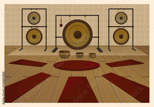 Gong meditation room. Illustration of a meditation kit that includes a gong, a singing bowl, yoga mats. Gong meditations and sound therapy