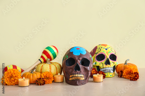Painted human skulls with f...