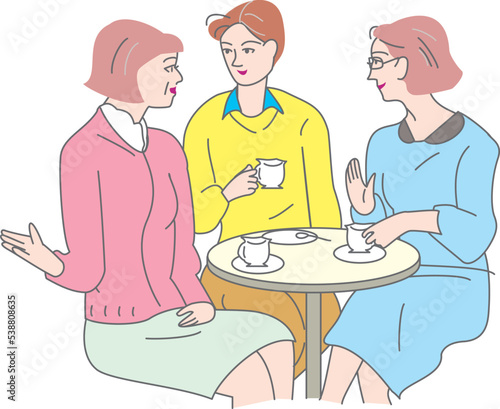 お茶を飲みながら、おしゃべりする3人の女性
