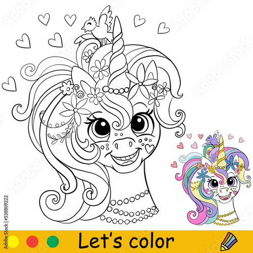 Cartoon girl unicorn head with jewels coloring book page vector