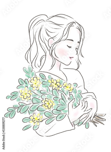 花の枝を抱える女性 シンプル