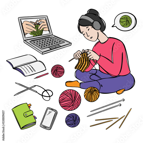 ONLINE KNITTING Learning Needlewoman Concept On The Internet Home Education Hand Drawn Vector Collection Master Classes A Woman In Headphones Teaches Audience