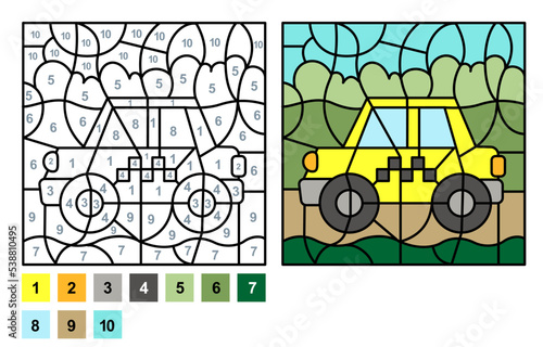Vector coloring page for children education and activities. Puzzle game color by number yellow taxi