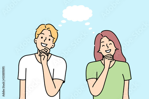 Girl, boy smile, think about something nice together. Empty speech bubble. Young couple dreaming. Positive imagination, fantasy, fancy ideas, cloud-castle, goal. Vector outline colored illustration.