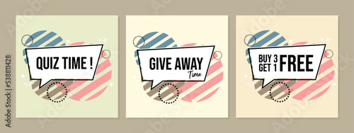 set of chat bubbles with quiz time text. flat design for give away, discount advertising banners.