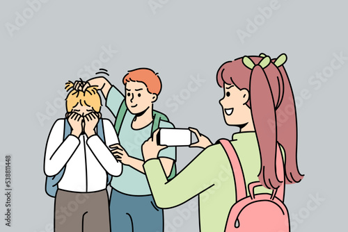 Schoolchildren torture their classmate, take pictures of it or shoot video on smartphone. Schoolboy suffers from bullying, physical abuse, violence at school. Mockery at college. Vector illustration.