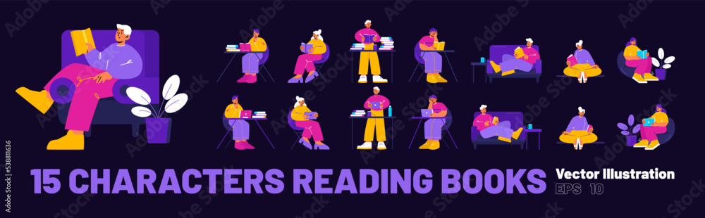 People read books sitting on chair, sofa, at table and standing. Men and women reading books, text on tablet and laptop isolated on black background, vector flat illustration People read books sitting on chair, sofa, at table and standing. Men and women reading books, text on tablet and laptop isolated on black background, vector flat illustration