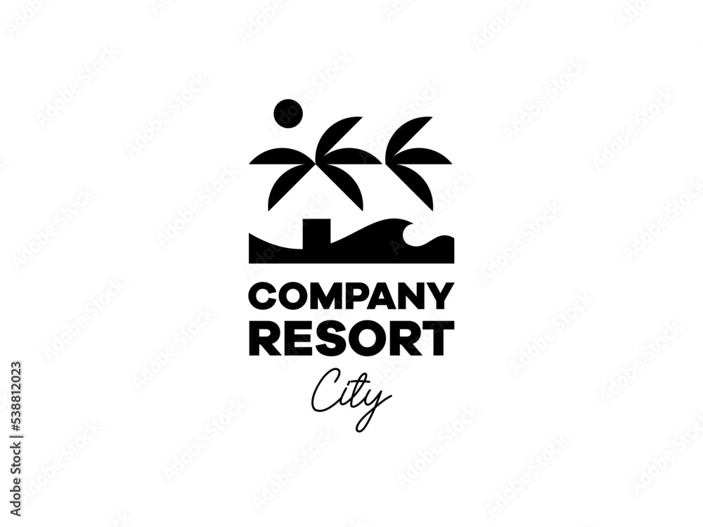 Naklejka premium Minimalist palm and house in wavy beach in black and white logo template for rental hotel vacation event holiday adventure.