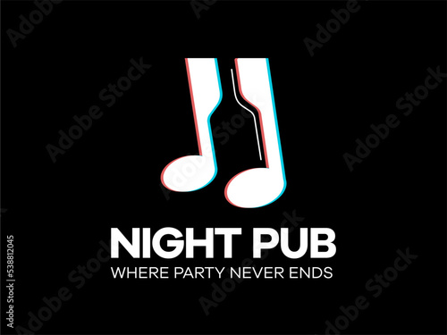 Night pub minimalist logo template. Club bar drink music alcohol. Music bar logo combination guitar and wine glass symbol vector logo design inspiration