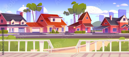 White wooden house porch on suburb street. Village or suburban district with cottages, garages, green lawn, trees, terrace with fence and city skyscrapers on horizon, vector cartoon illustration