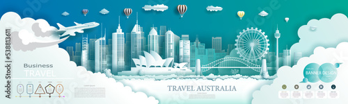 Advertising travel brochure Australia top world modern skyscraper and famous city.