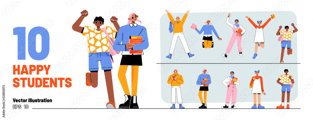 Set of happy students, school children, multicultural young girls and boys with backpacks holding books and smartphones. Happy diverse teenagers, classmates rejoice together Linear vector illustration Set of happy students, school children, multicultural young girls and boys with backpacks holding books and smartphones. Happy diverse teenagers, classmates rejoice together Linear vector illustration