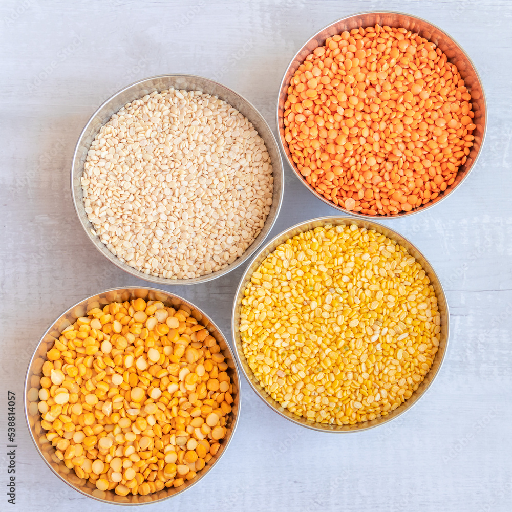 yellow lentils (Toor dal), mung dal (split mung beans), red lentils