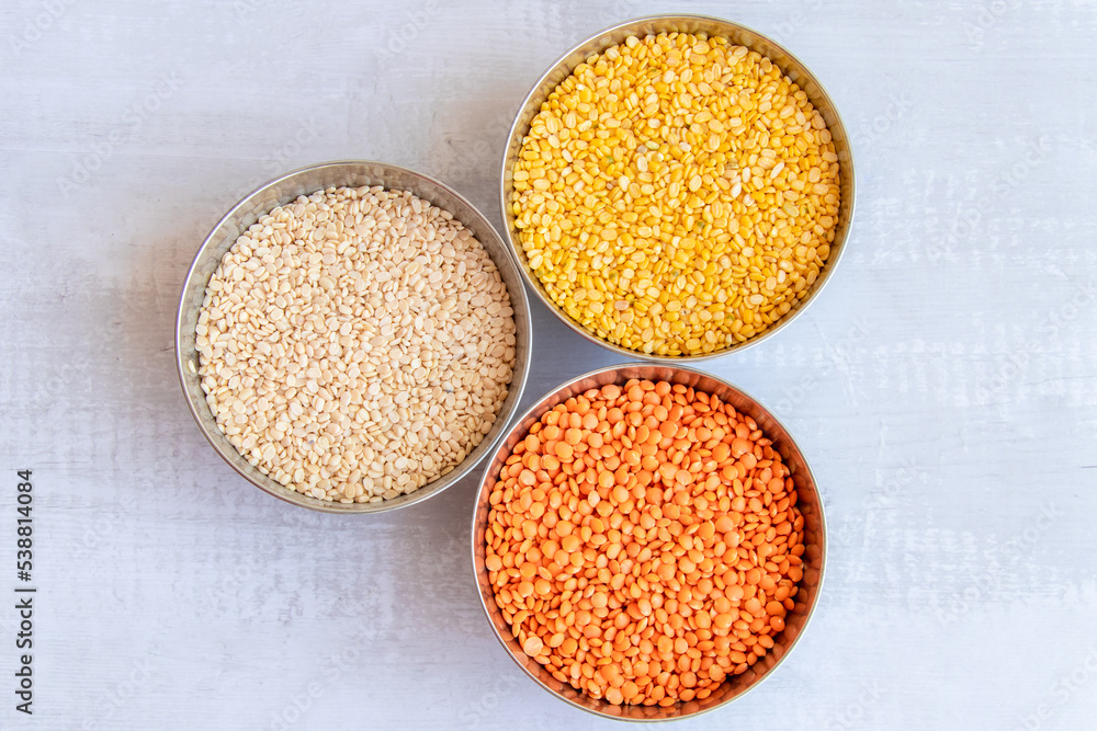 yellow lentils (Toor dal), mung dal (split mung beans), red lentils