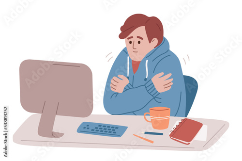 Man freezing in the unheated office. Feeling cold at work. Energy crisis. Economy of gas. Character wearing informal warm clothes trembling with cold at work place. 