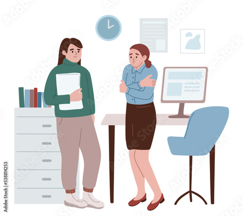 Woman wearing business style clothing freezing in the unheated office.  Happy woman wearing informal warm clothes at work. Feeling cold at work. Energy crisis. Economy of gas. Web. Cartoon flat vector