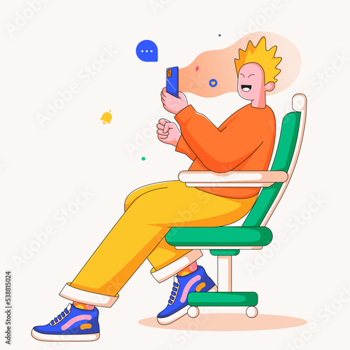 Suprised looking phone sits at chair with positive smiling illustration