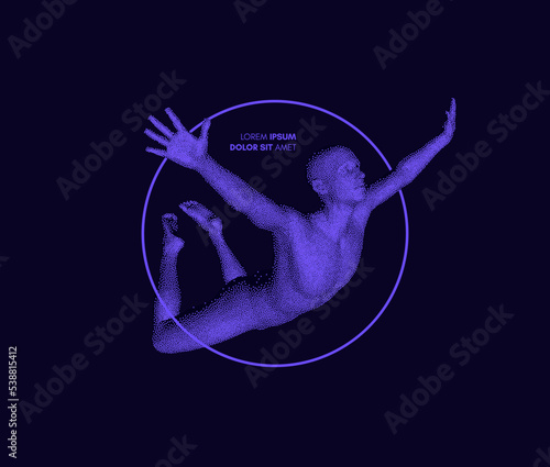 Man is flying towards success. Athlete hanging in the air. Jumping sportsman in zero gravity. Design for sport. 3D vector illustration composed of particles.
