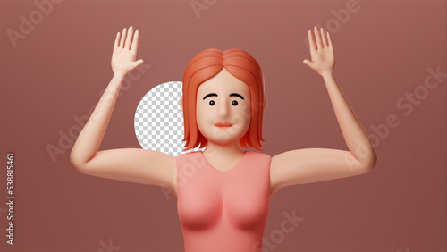 Portrait smiling cute girl, pink t-shirt. surrender caught by police Minimal stylized art. 3d render on brown background