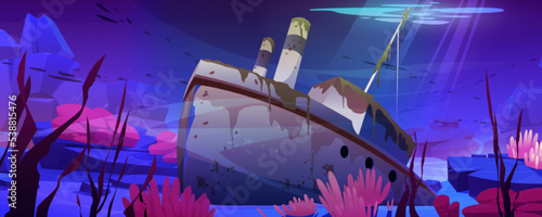 Wreck ship, sunken steamboat with pipes lying on ocean bottom with colorful corals and rocks. Broken antique vessel covered with green seaweeds. Navy scene, game background Cartoon vector illustration