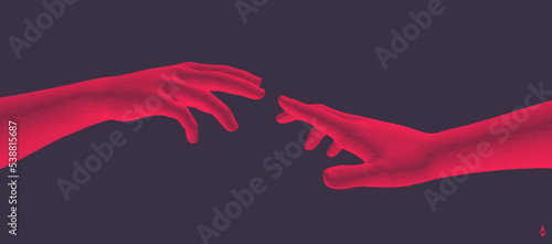 Hands reaching towards each other. Concept of human relation, togetherness or  partnership. 3D vector illustration. Design for banner, flyer, poster, cover or brochure.