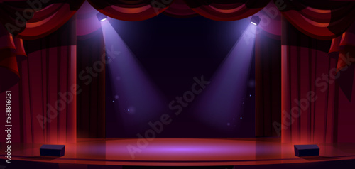 Theater stage with spotlights, red curtains and wooden floor. Theatre interior background, dark scene with luxury velvet drapes and empty space for text, music hall, opera, Cartoon vector illustration