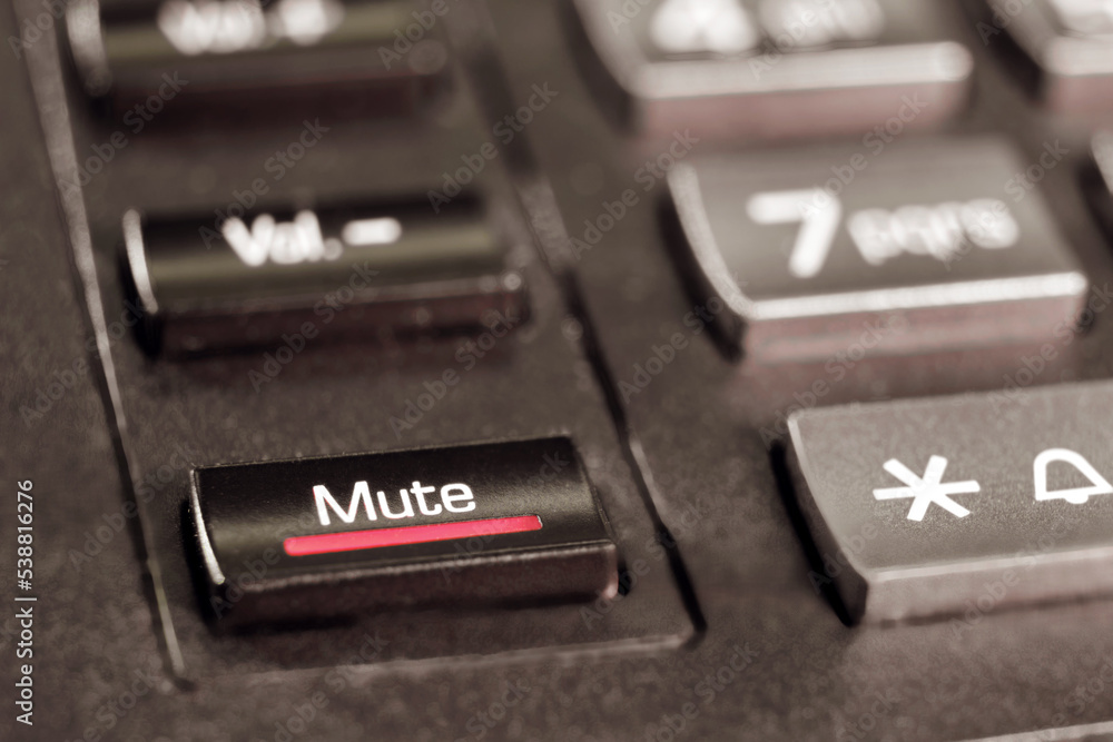 Button with text volume and mute on a landline phone in the office, close-up Button with text volume and mute on a landline phone in the office, close-up