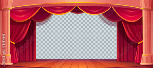 Theater stage with red curtains, wooden floor, white columns isolated on transparent background.Theatre scene interior with empty backdrop, vector cartoon illustration