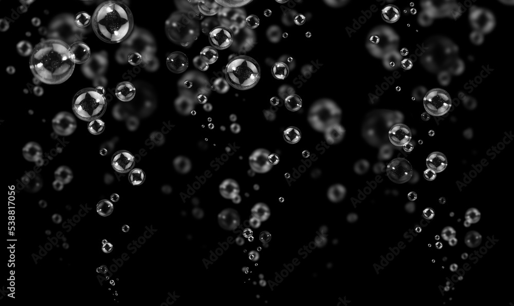 Transparent Air Bubbles Float Up on Black Background. Freshness Circles Bubbles Water. Soda Water breezy