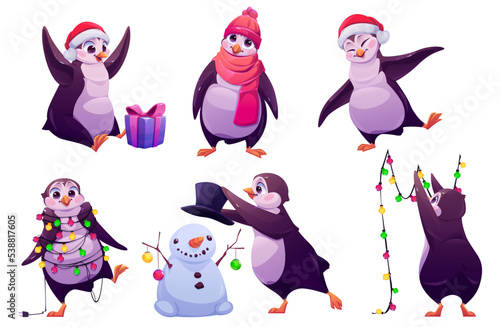 Cute penguin character celebrate winter holidays, Christmas or New Year. Funny antarctic animal, penguin make snowman, dance, hang light garland, entangled and in Santa Claus hat, vector cartoon set