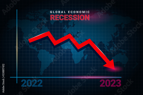 2023 Economy recession, global business downfall with falling arrow and world map. Money losing. Stock crisis, financial crisis and finance concept background. 