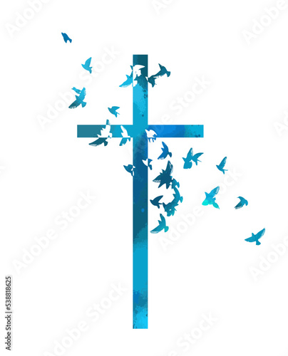 Dove on peace and cross isolated religion symbol. Blue religious cross with flying birds. Vector illustration
