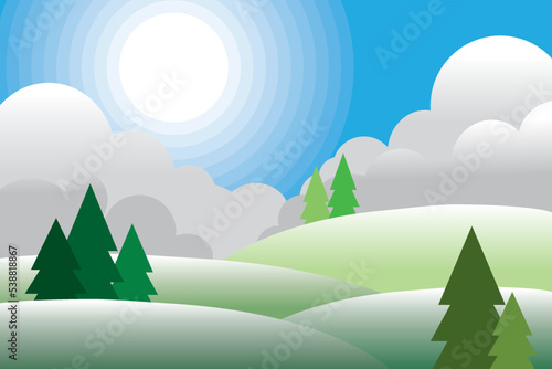 Abstract view of landscape with pine tree and sun sky backgrou